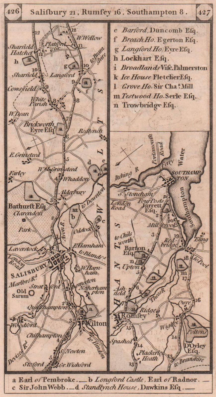 Wilton - Salisbury - Romsey - Southampton road strip map PATERSON 1803 old
